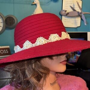 SCALA Vintage Red Wool Dress Hat with crochet floral pearl in the center of the